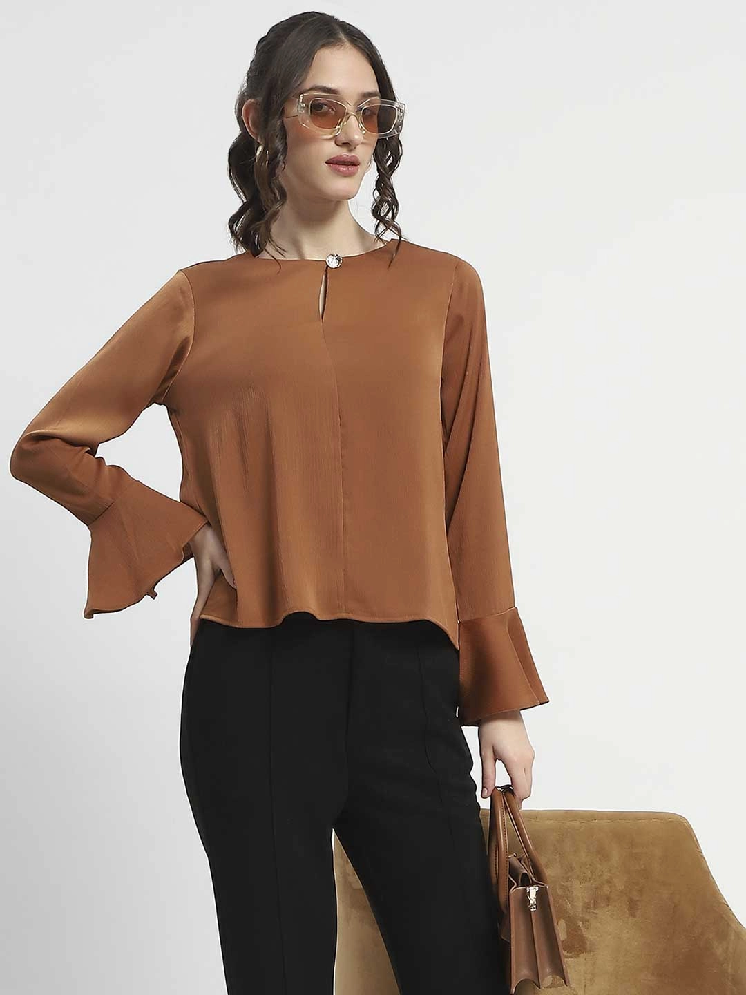 Madame Solid Golden Ruffle Sleeve Satin Top sporty wear Office Wear