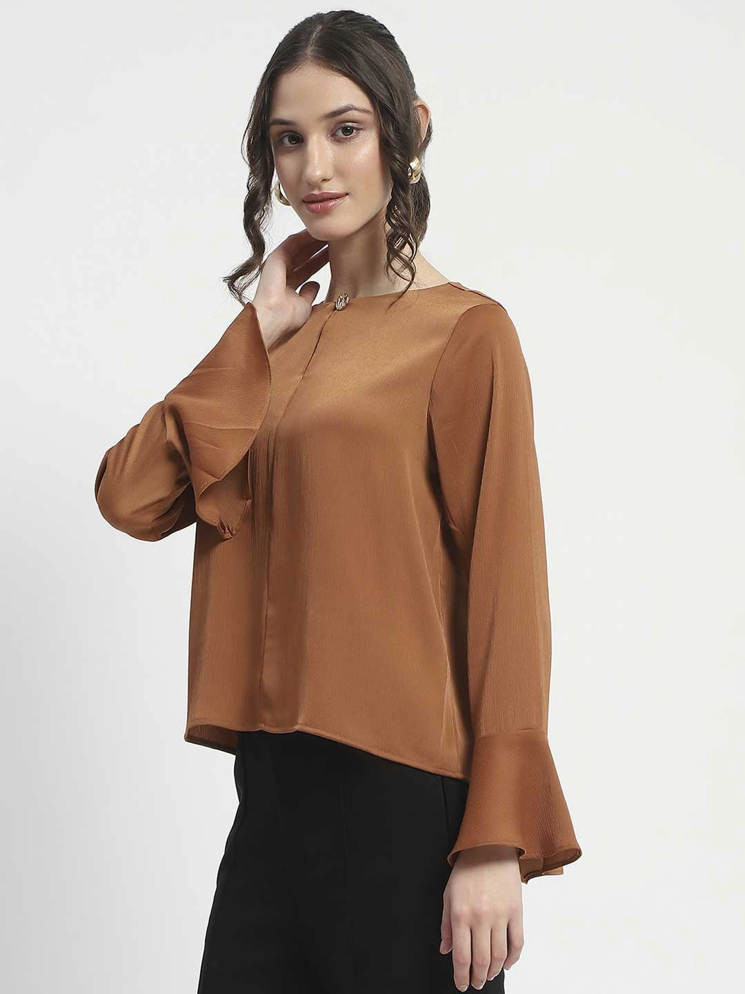 Madame Solid Golden Ruffle Sleeve Satin Top AllDayComfort