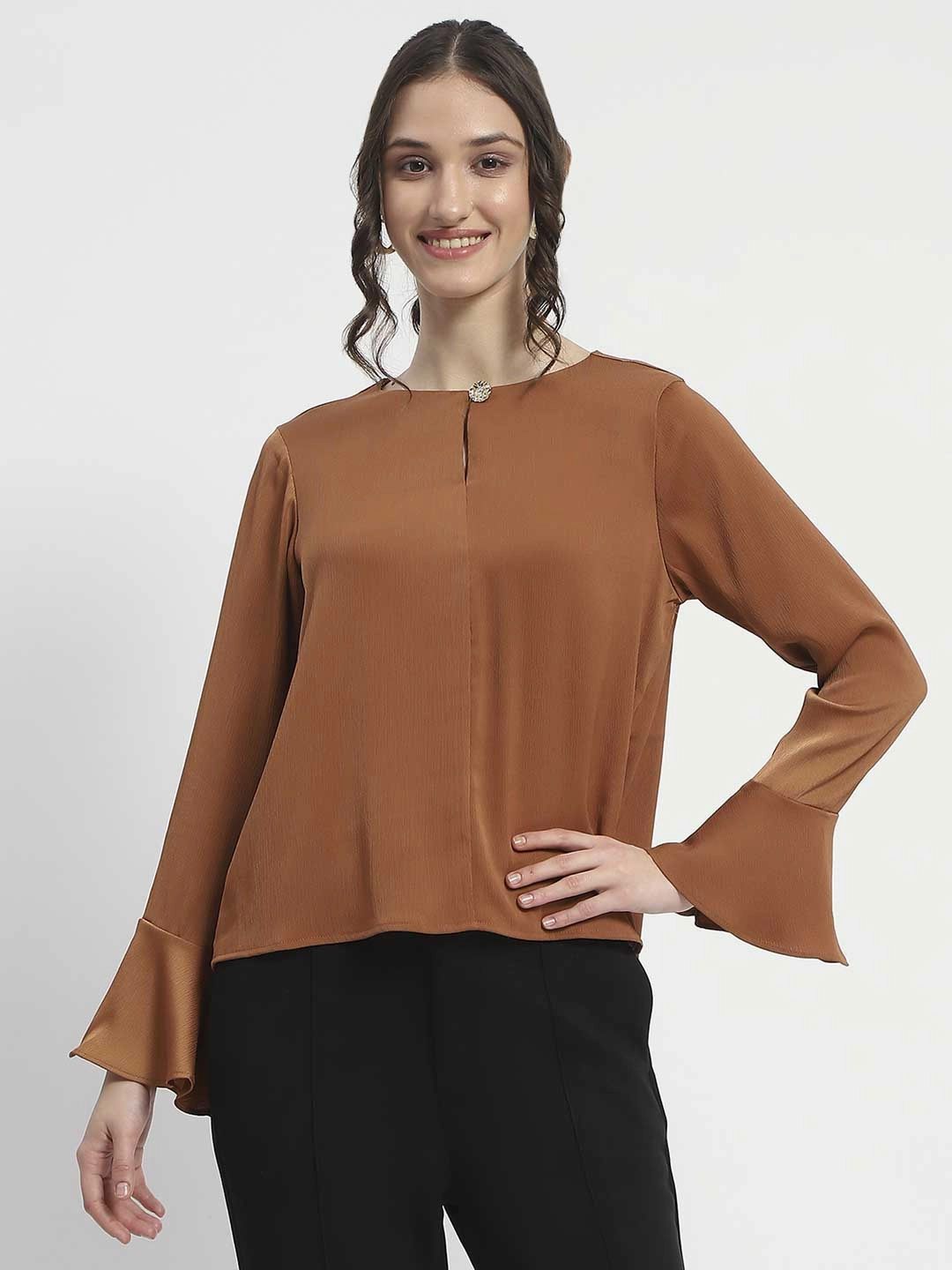 High Neckline AbrasionResistant Fabric Madame Solid Golden Ruffle Sleeve Satin Top