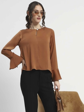 Madame Solid Golden Ruffle Sleeve Satin Top sporty wear Office Wear