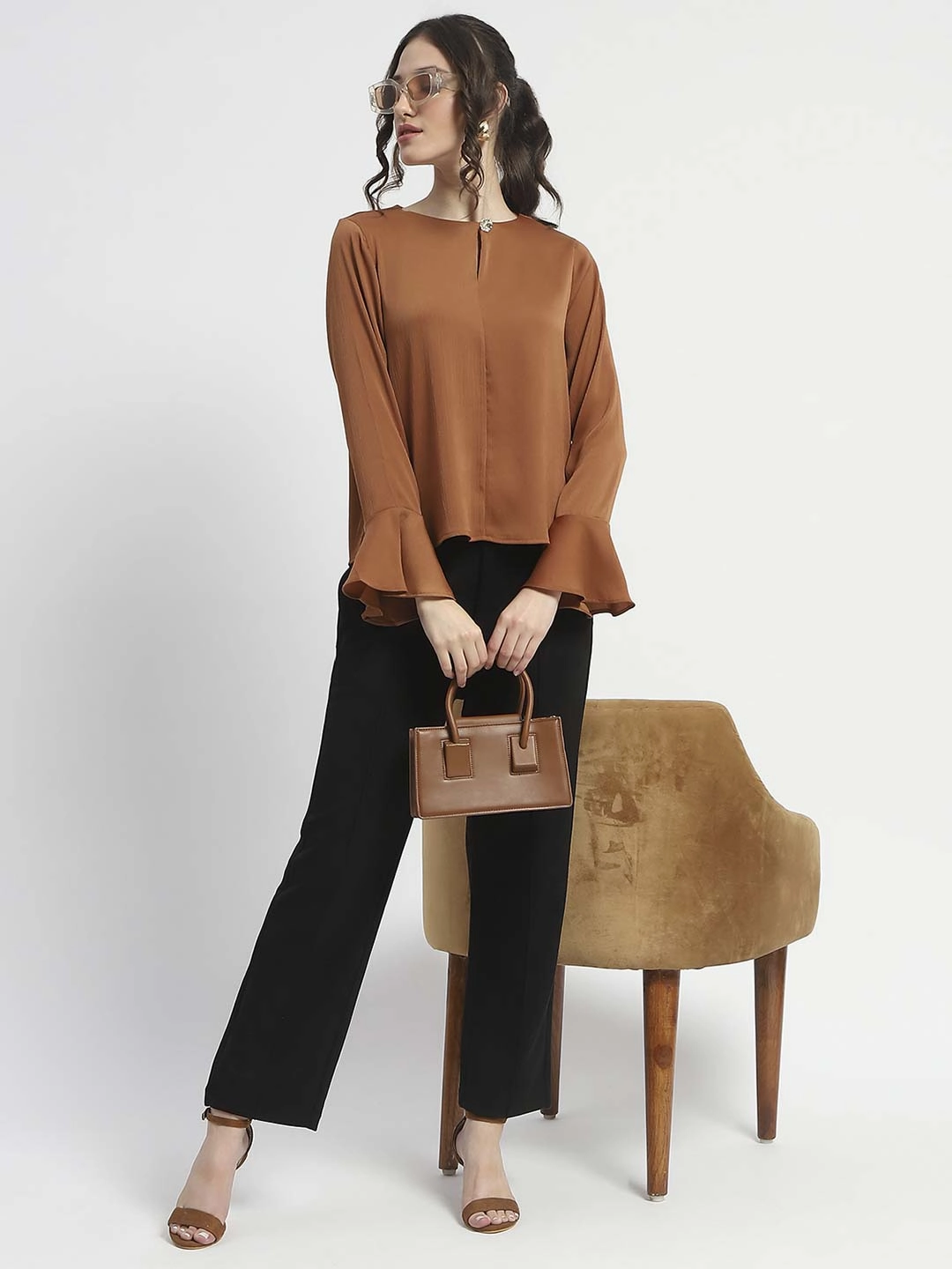 Lightweight Jacket Convertible Neckline Madame Solid Golden Ruffle Sleeve Satin Top