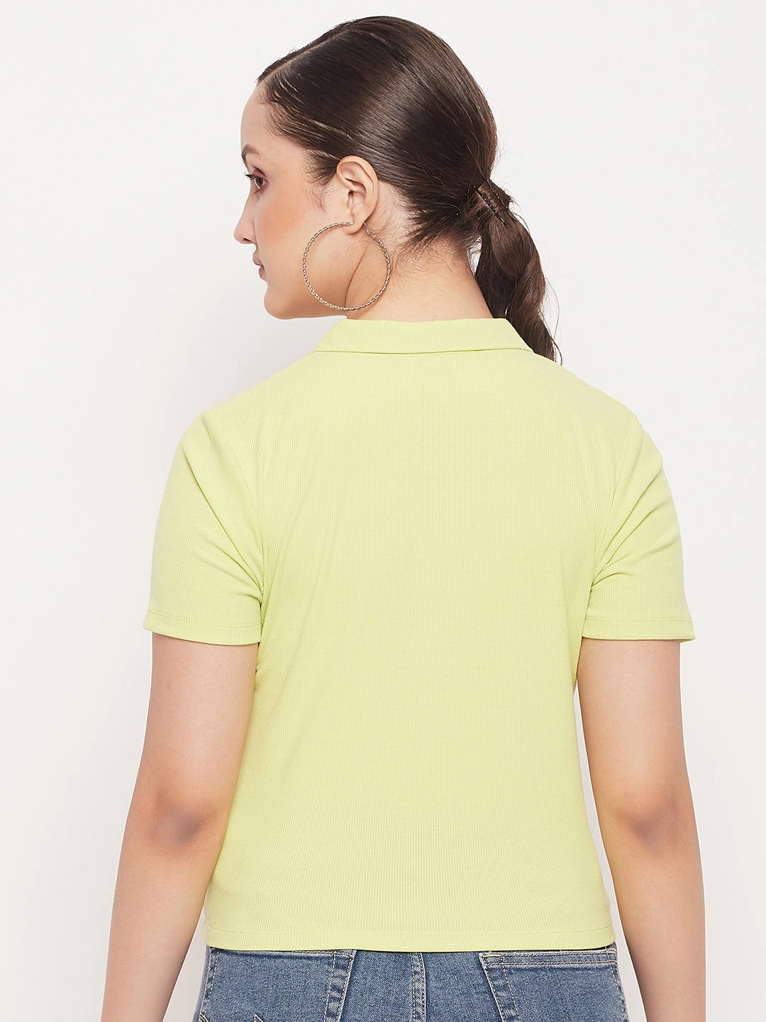 Madame Solid Green Cotton Collared Tshirt Stretch Waist Comfy Wear Fit
