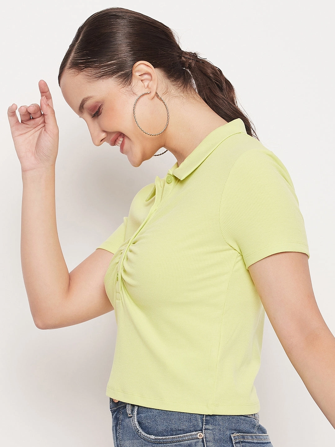 Job Interview Cozy Wearable Madame Solid Green Cotton Collared Tshirt