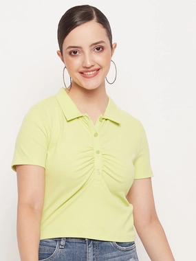 Madame Solid Green Cotton Collared Tshirt Fit For All Outdoor Adventure