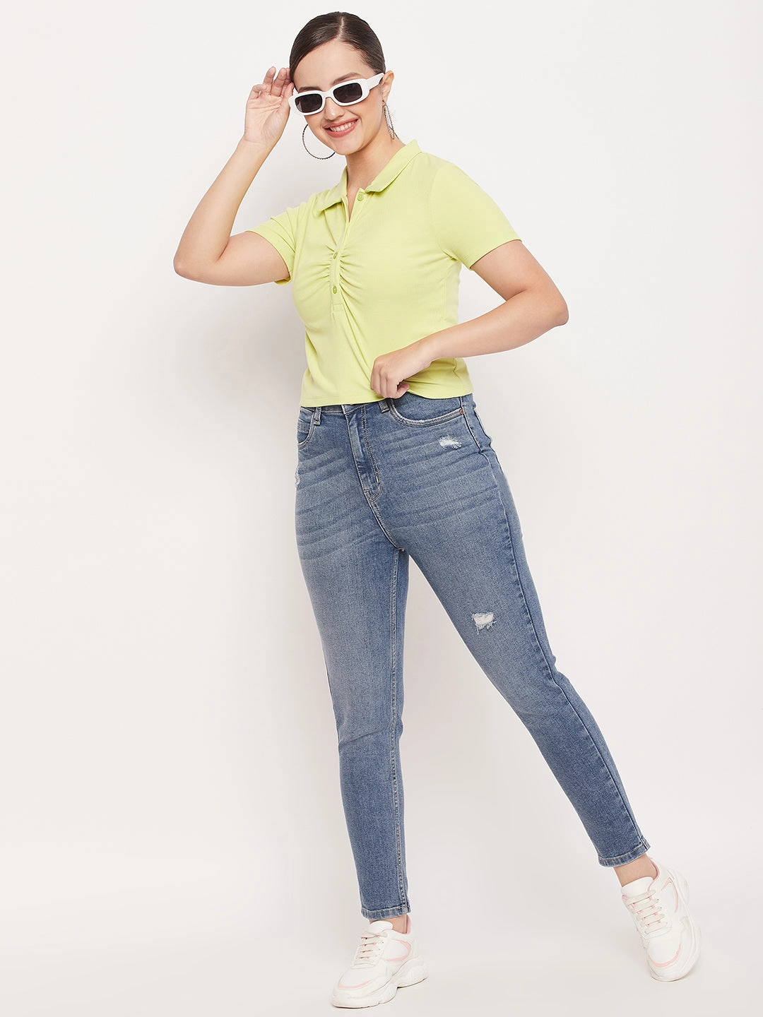 Madame Solid Green Cotton Collared Tshirt No Fade Technology Adult sophistication