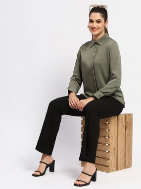 Madame Solid Green Cuff Sleeve Shirt Sophisticated Style Current Style