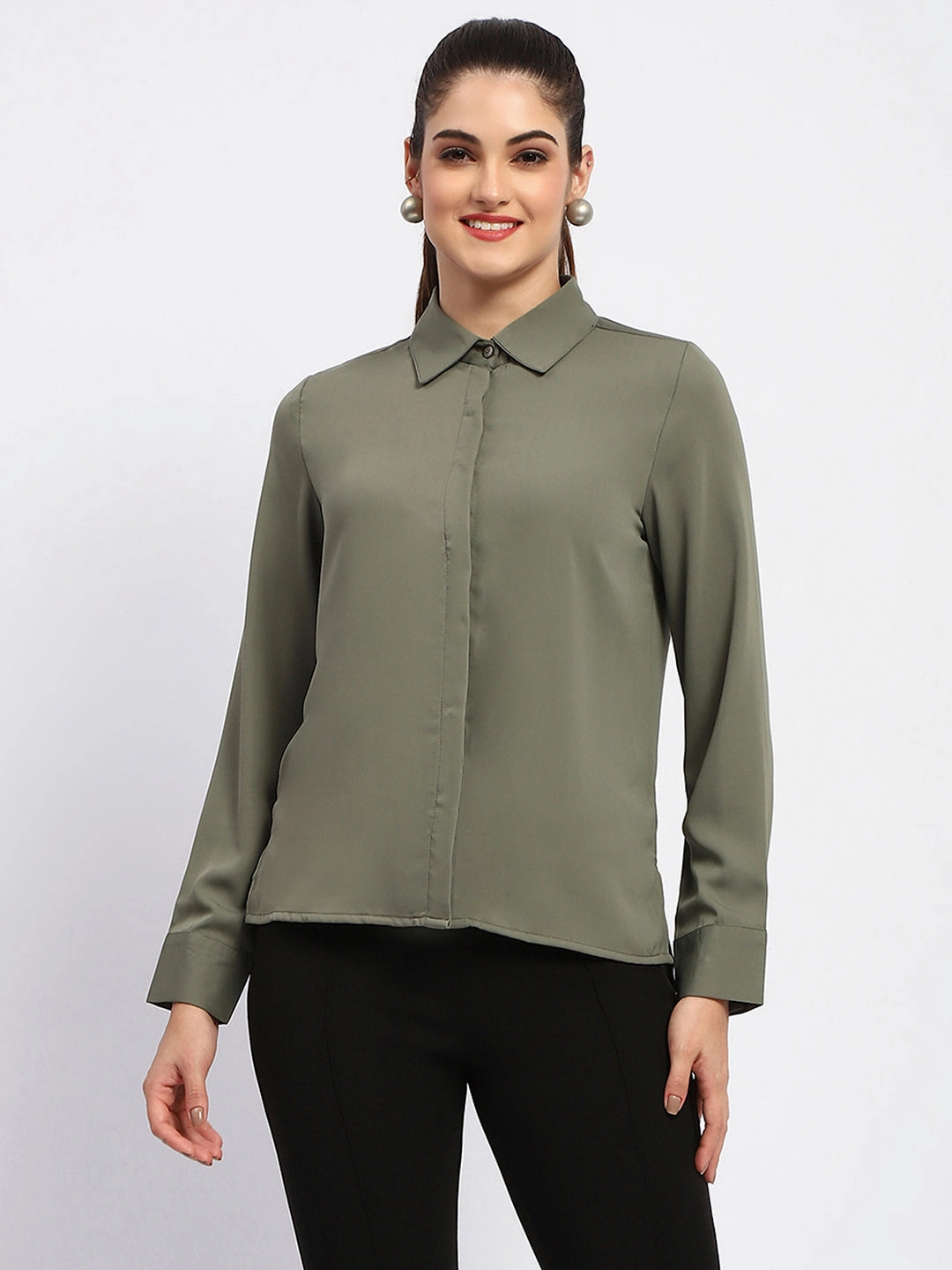 Madame Solid Green Cuff Sleeve Shirt Polished Style