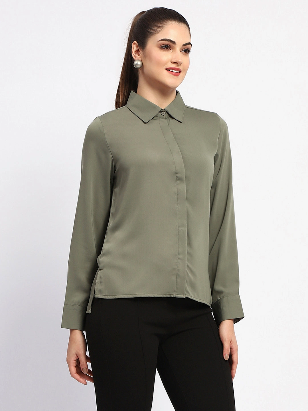 Madame Solid Green Cuff Sleeve Shirt Microfiber Material