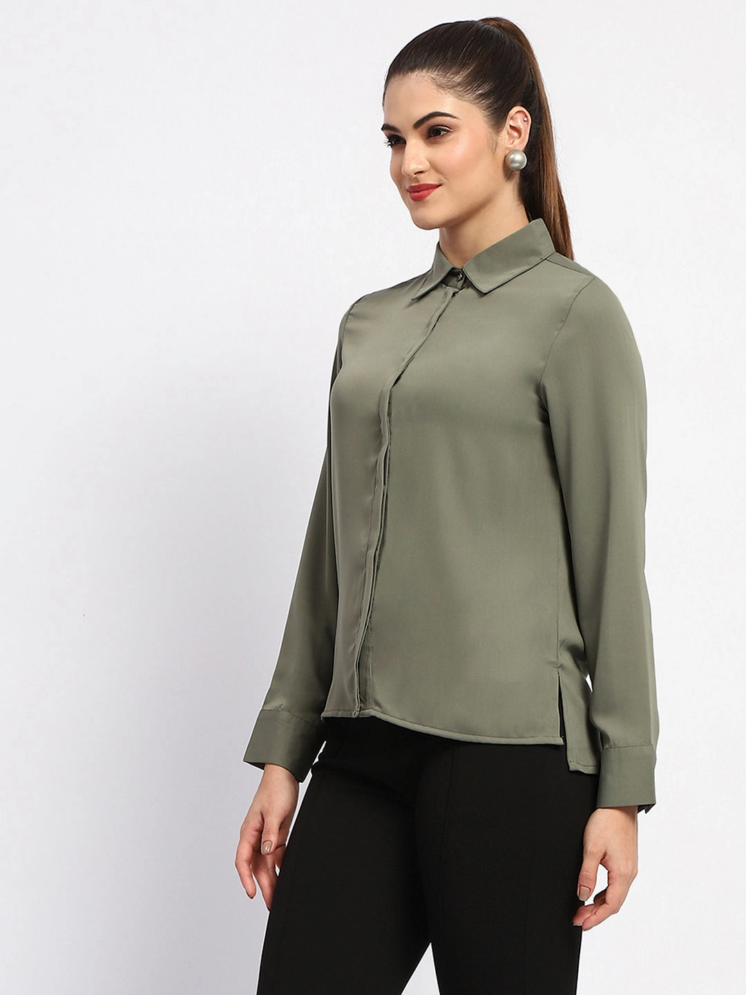 Madame Solid Green Cuff Sleeve Shirt Bold Hue Anti Pilling Treatment