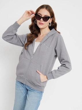 Popular Madame Solid Grey Hooded Sweatshirt