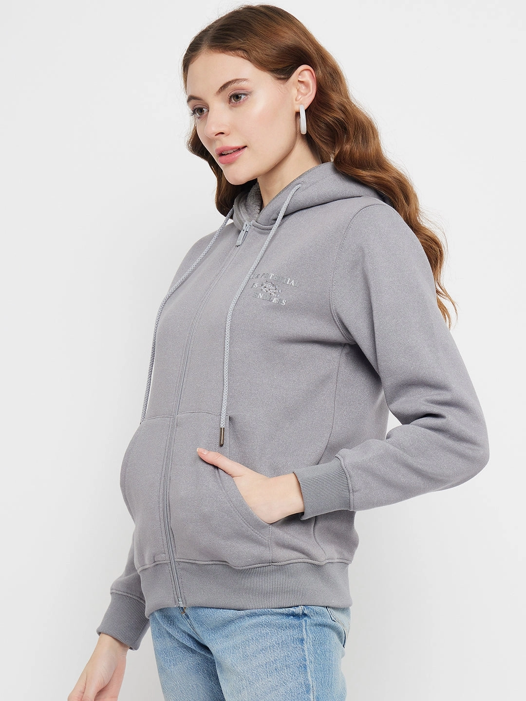 Vibrant Print Madame Solid Grey Hooded Sweatshirt