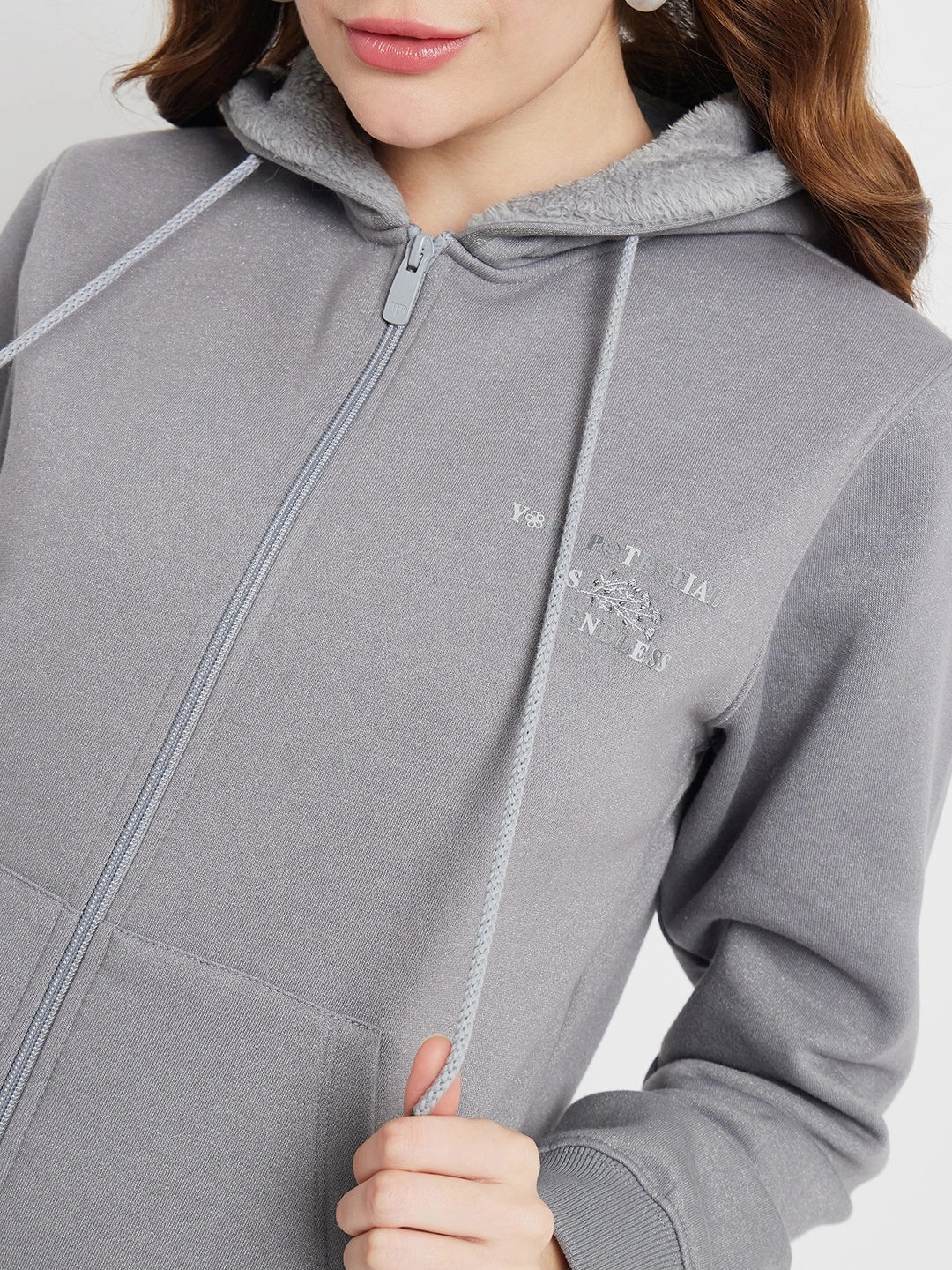 Madame Solid Grey Hooded Sweatshirt Muscular Frame