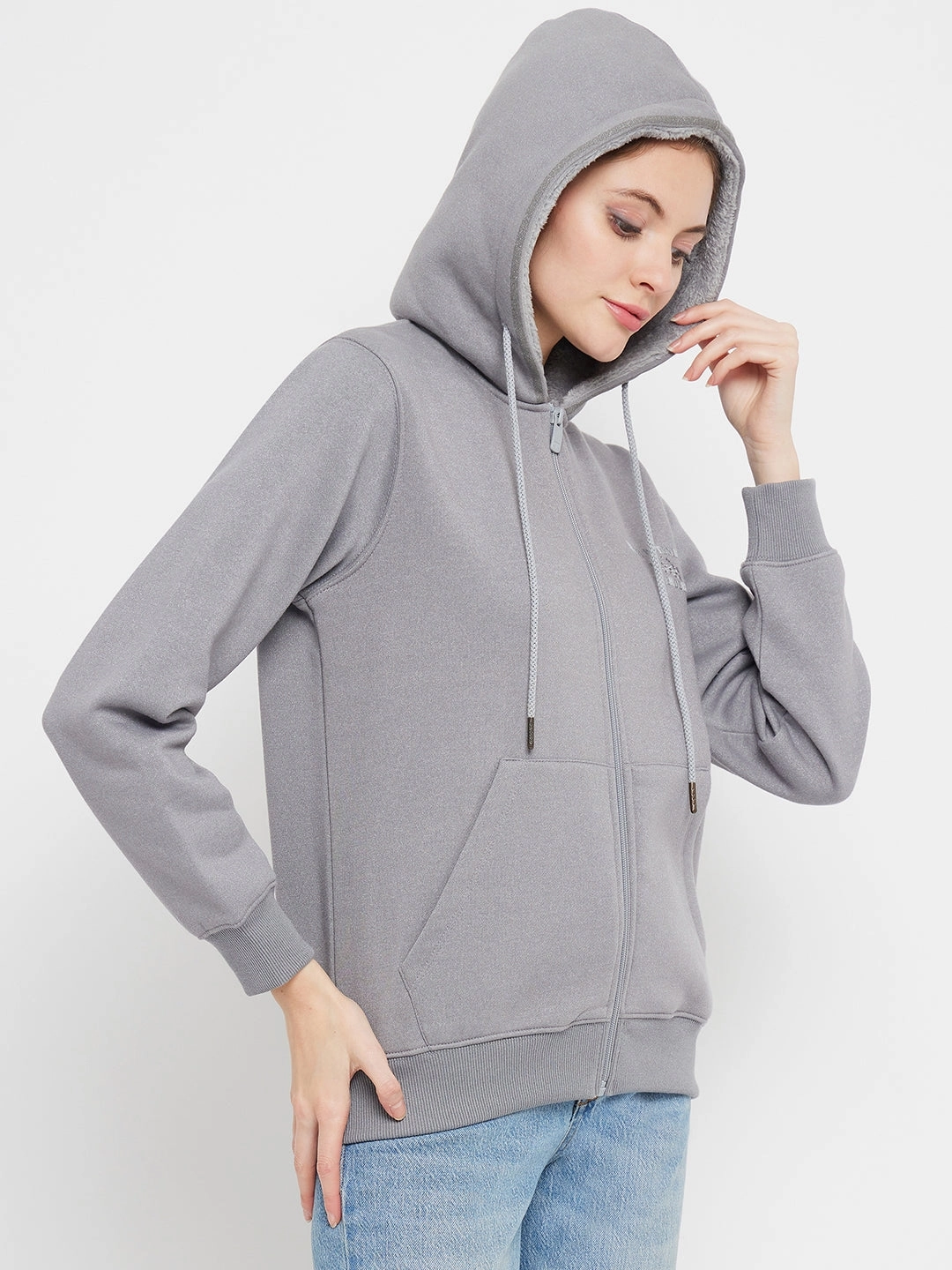 Cool Weather Madame Solid Grey Hooded Sweatshirt