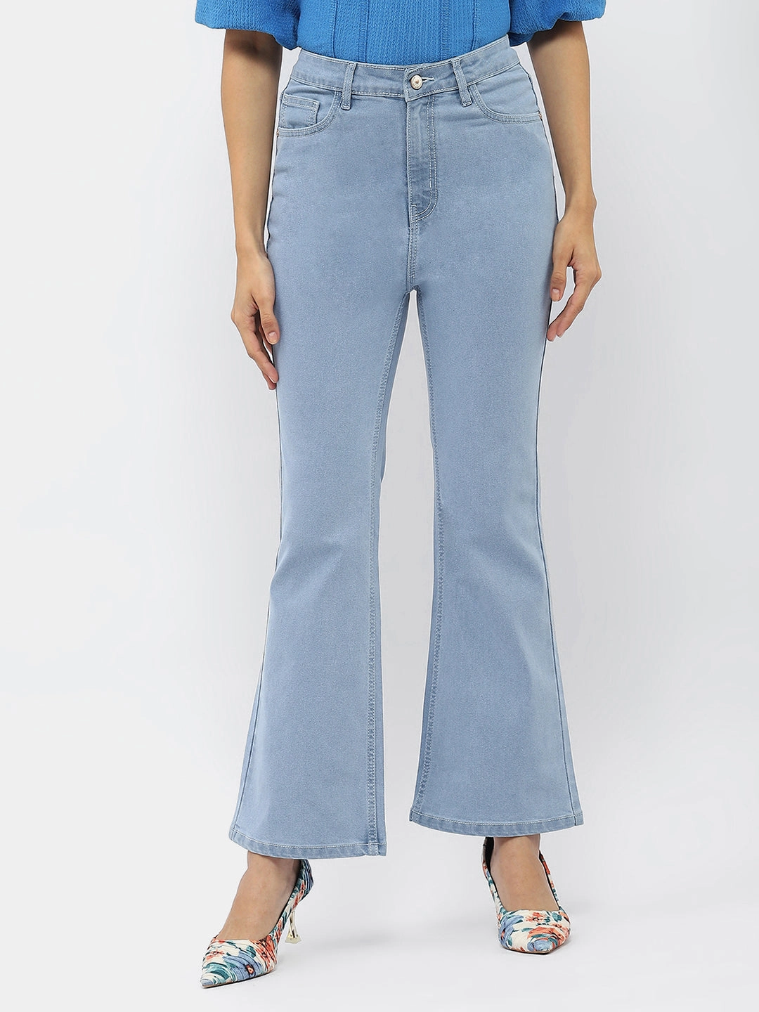 Madame Solid Light Blue Flared Denim Jeans Fresh casual