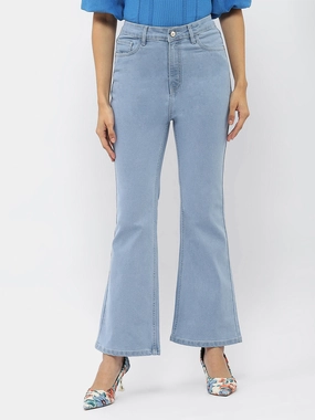 Madame Solid Light Blue Flared Denim Jeans Fresh casual