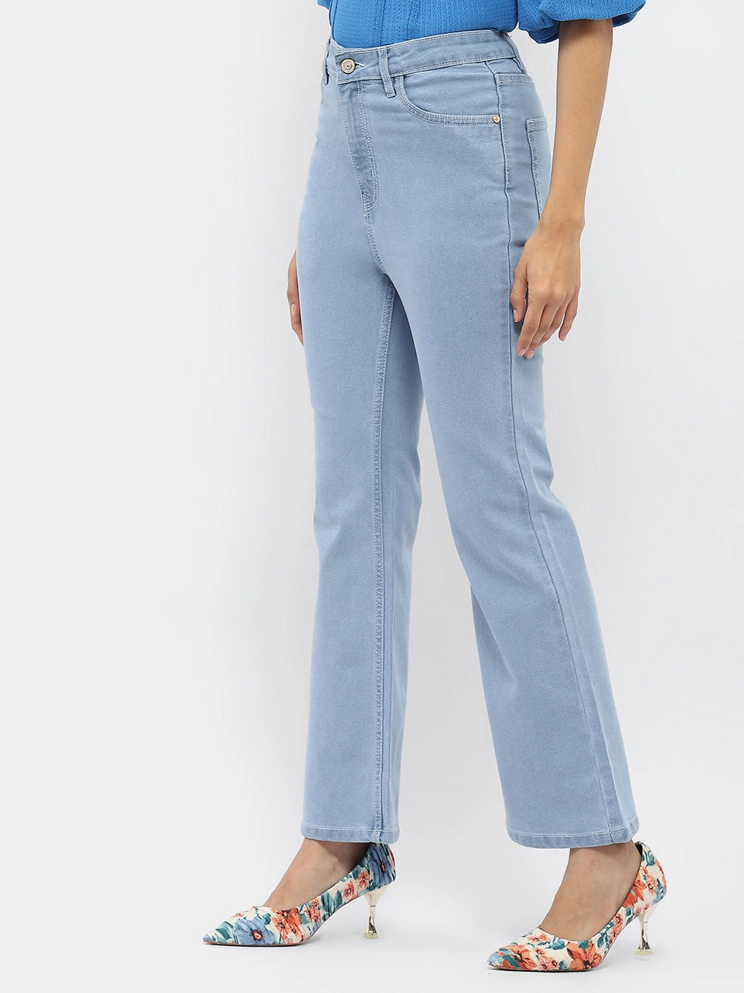 Sustainable Evening Stroll Casual Base Attire Madame Solid Light Blue Flared Denim Jeans