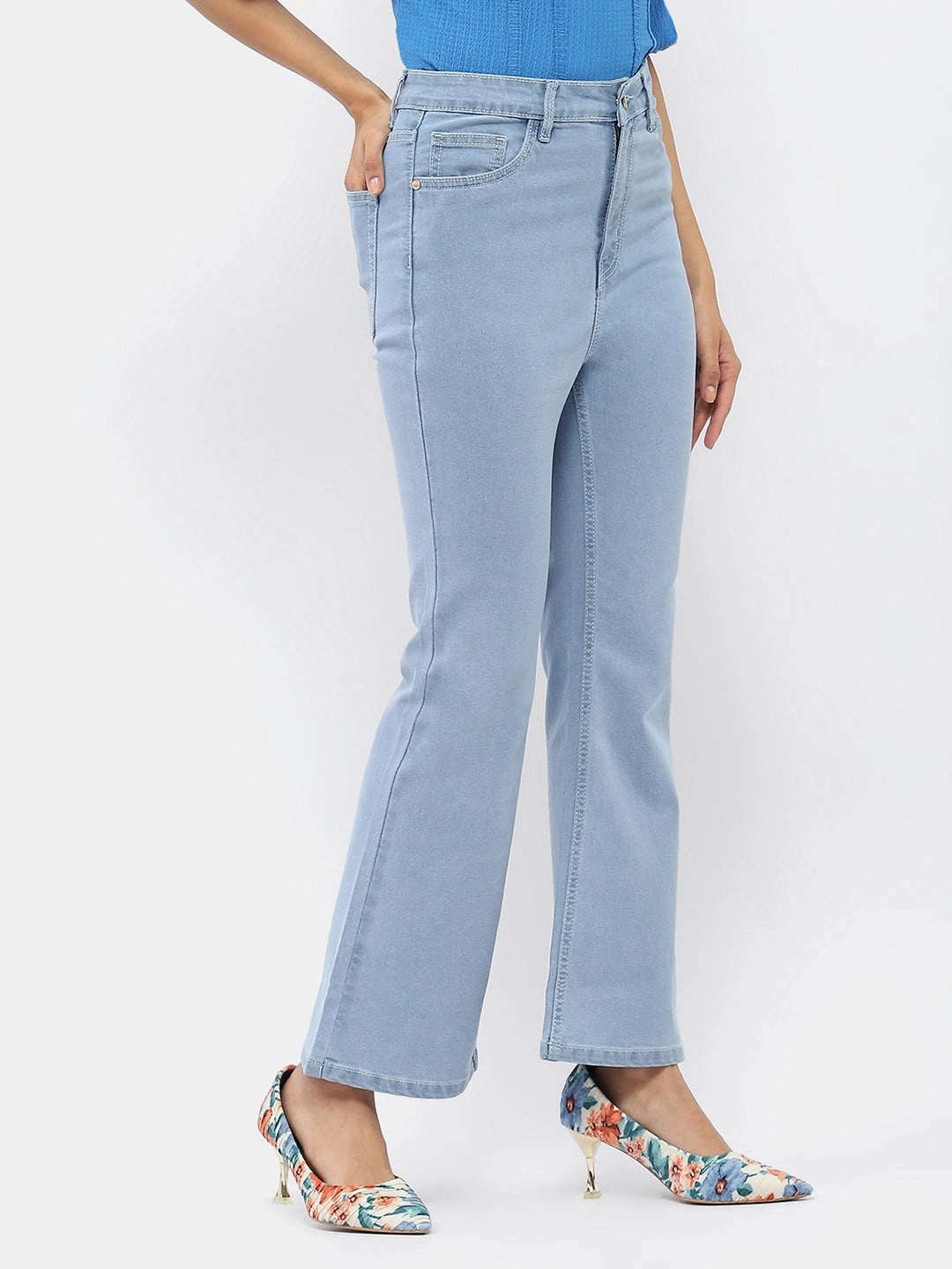 Go-to Wear Neutral design Madame Solid Light Blue Flared Denim Jeans
