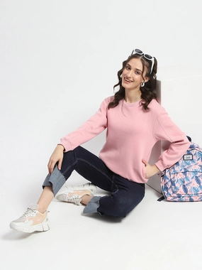 product watch punctuality Madame Solid Light Pink Crew Neck Cotton Sweatshirt