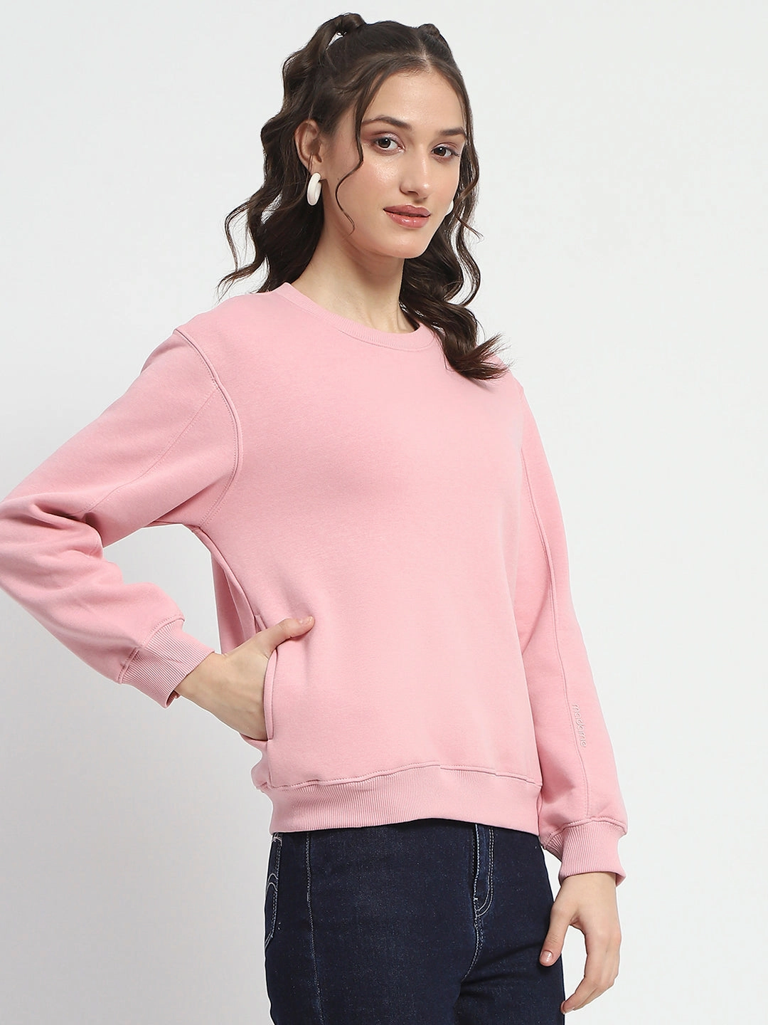 Core Active Madame Solid Light Pink Crew Neck Cotton Sweatshirt