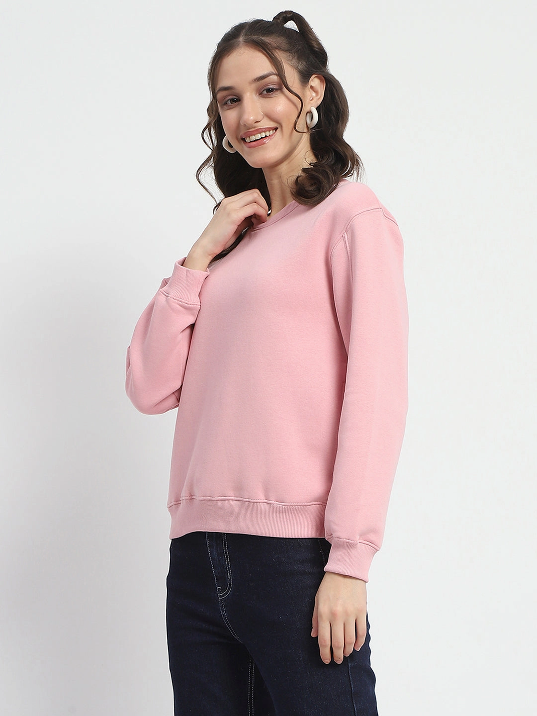 Street Staple Short Sleeve Madame Solid Light Pink Crew Neck Cotton Sweatshirt