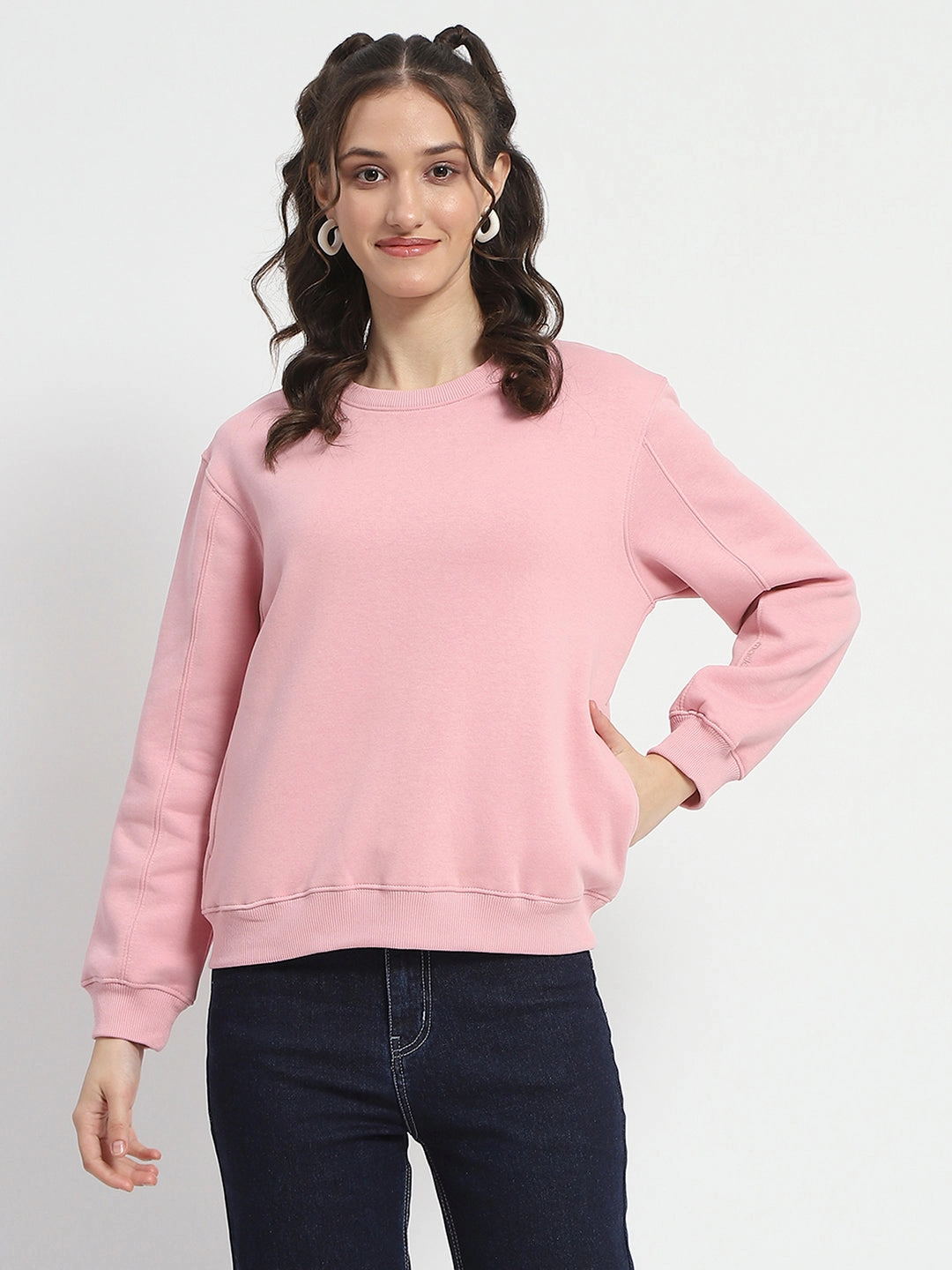 Weekend Bold product abstract mystery Madame Solid Light Pink Crew Neck Cotton Sweatshirt