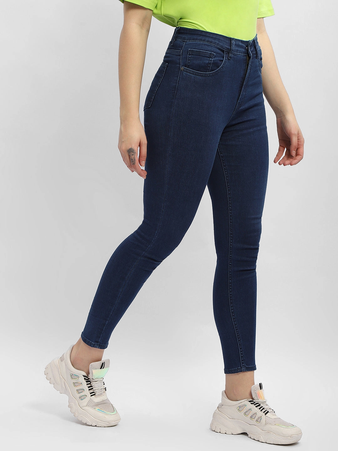 Relaxed Taper Madame Solid Mid Blue Skinny Fit Denim Jeans