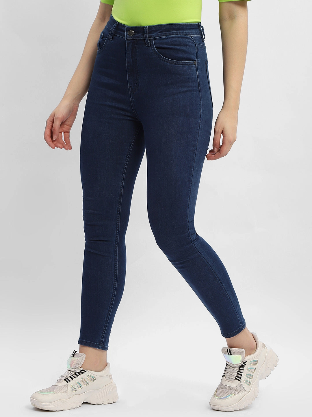 Madame Solid Mid Blue Skinny Fit Denim Jeans Cool Texture