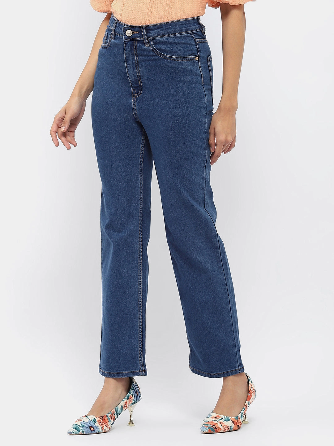 No Iron Wear Easy Outfit Madame Solid Mid Blue Wide Leg Jeans