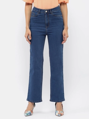 Madame Solid Mid Blue Wide Leg Jeans Affordable Unisex Wear Style Match