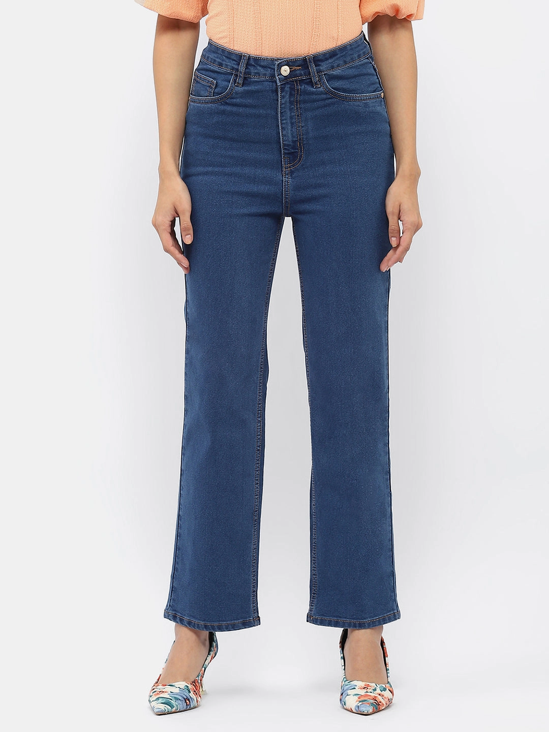 Madame Solid Mid Blue Wide Leg Jeans Affordable Unisex Wear Style Match