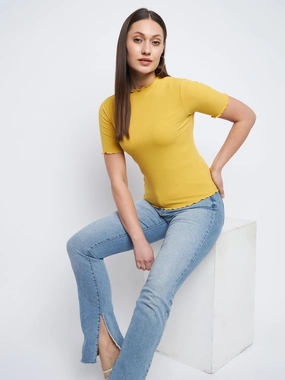 PolishedFinish Madame Solid Mustard Yellow Lettuce Hem Top