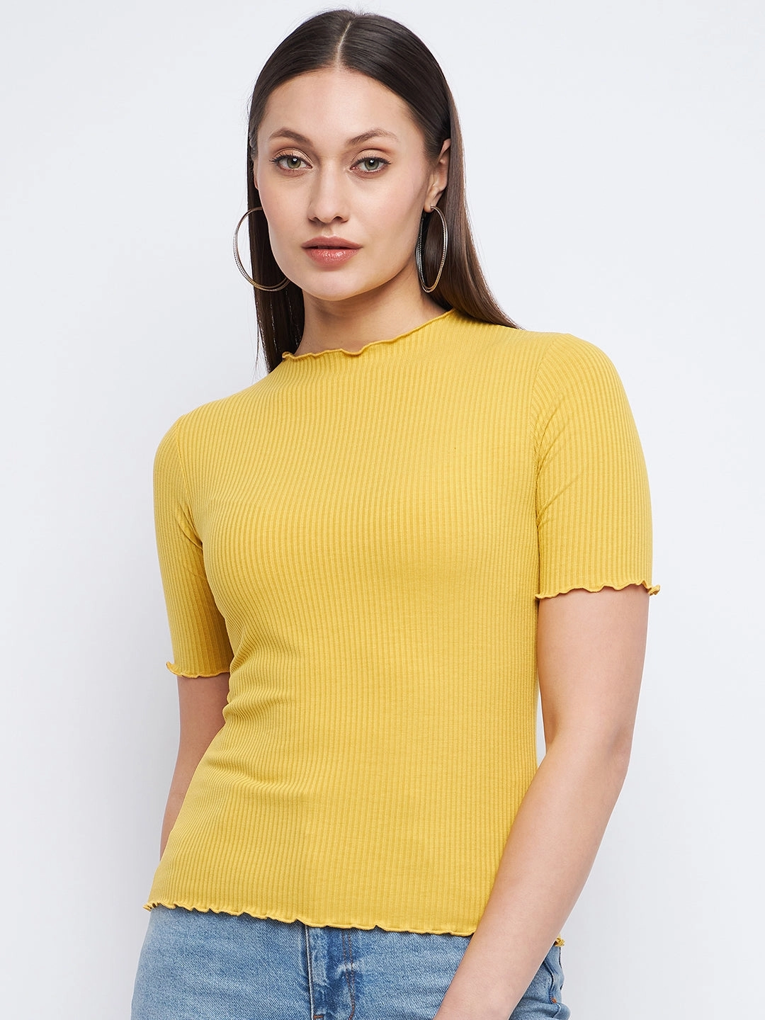 Comfy Layer Madame Solid Mustard Yellow Lettuce Hem Top