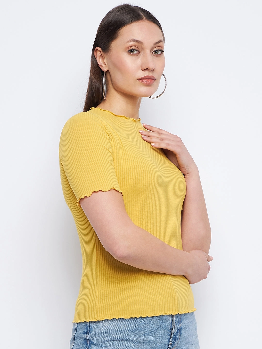 MultiPocket Configuration Overlock Edging Madame Solid Mustard Yellow Lettuce Hem Top
