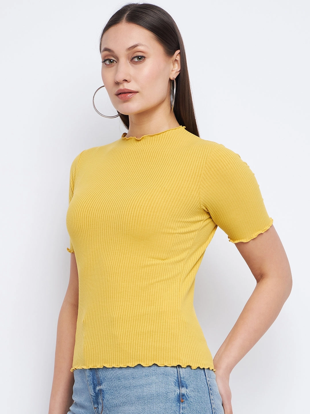 Madame Solid Mustard Yellow Lettuce Hem Top Vintage Hoodie