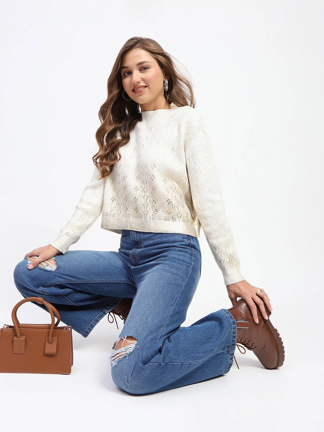 Plush Interior Soft Knit Layer Madame Solid Off White Cable Knit Sweater