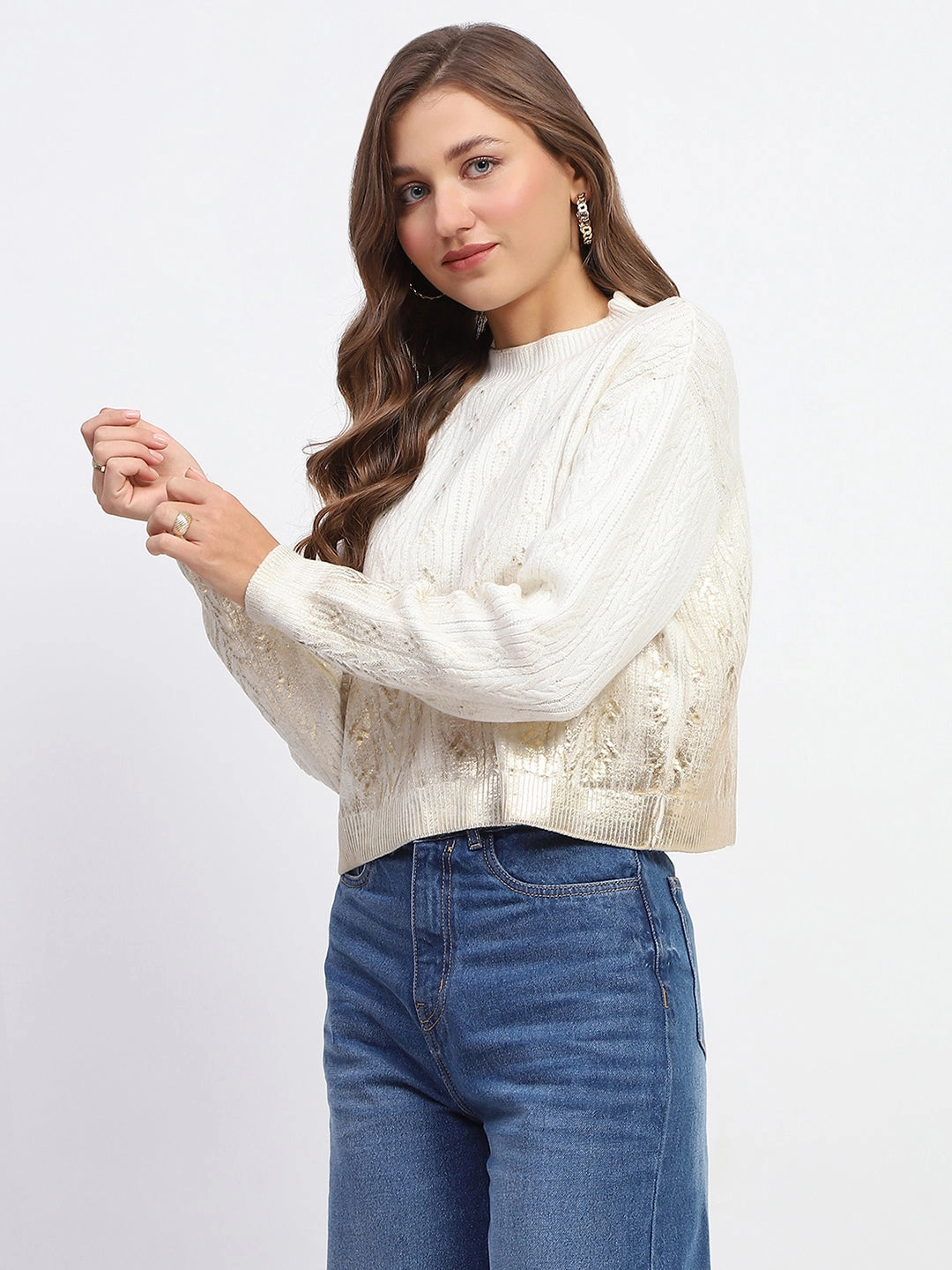 Madame Solid Off White Cable Knit Sweater Timeless Fashion Fade Resistant Dye