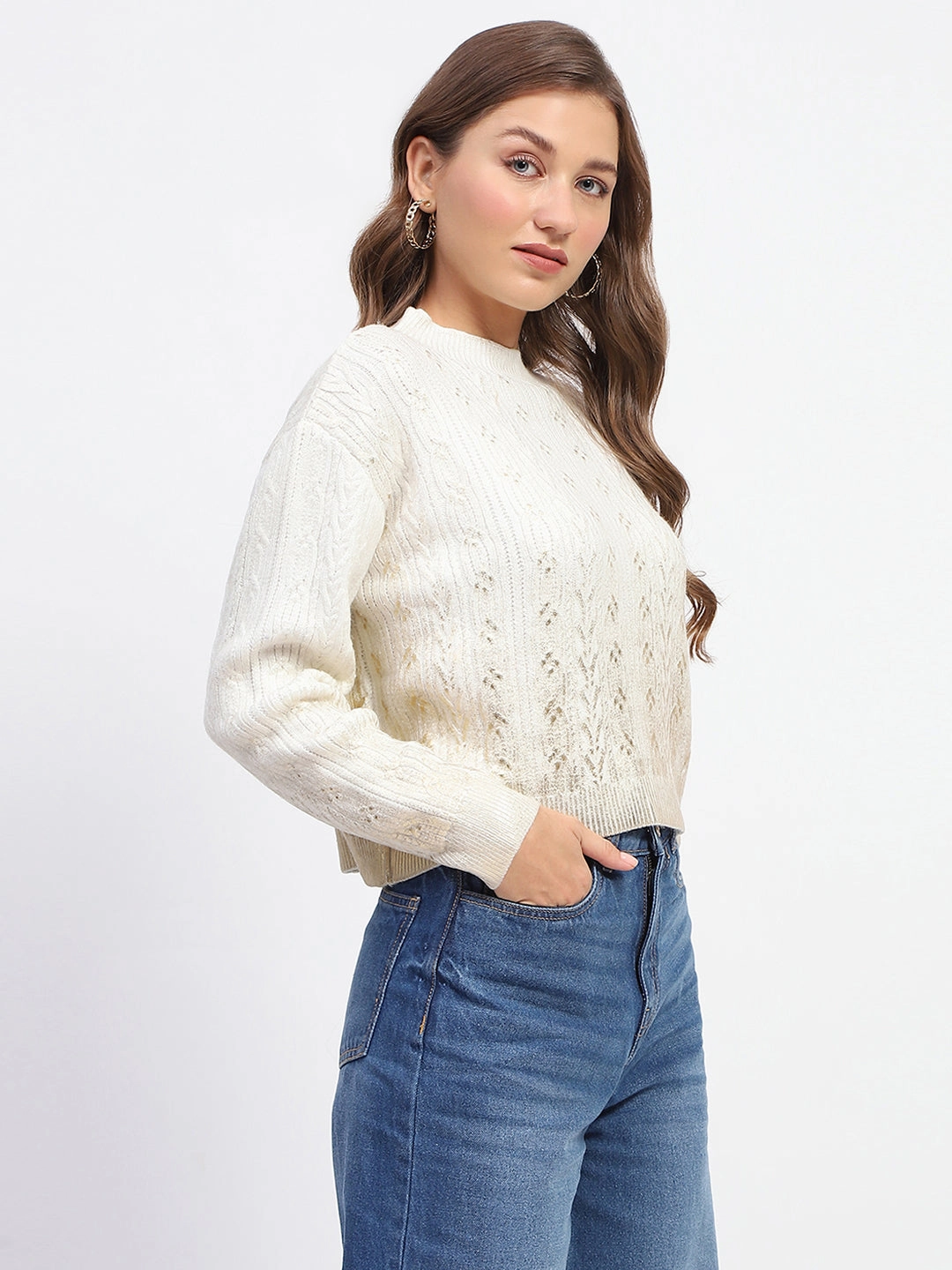 Madame Solid Off White Cable Knit Sweater Classic Winter