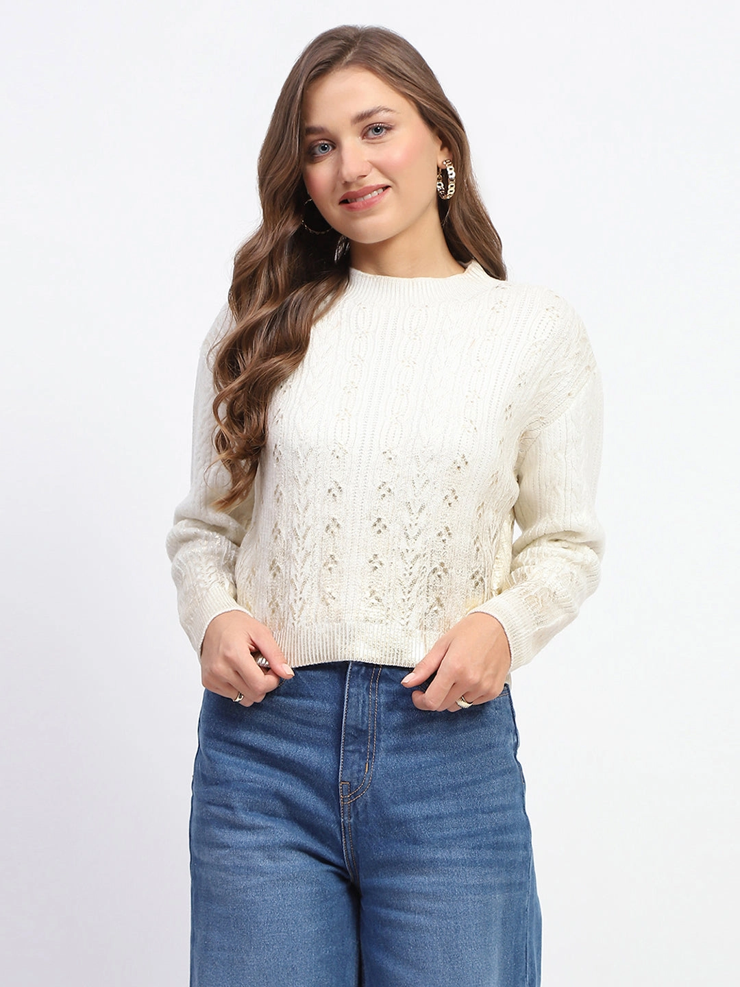 Chunky Yarn Madame Solid Off White Cable Knit Sweater