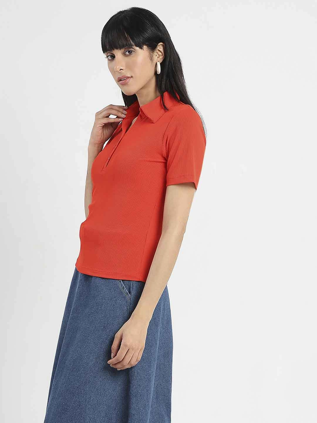 Casual Chic Wear Madame Solid Red Polo Pique T-Shirt