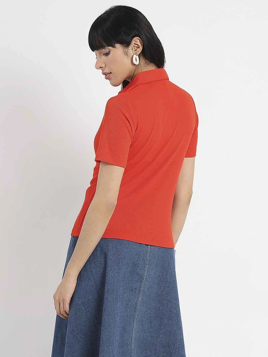 casual top Oversized Cut Madame Solid Red Polo Pique T-Shirt