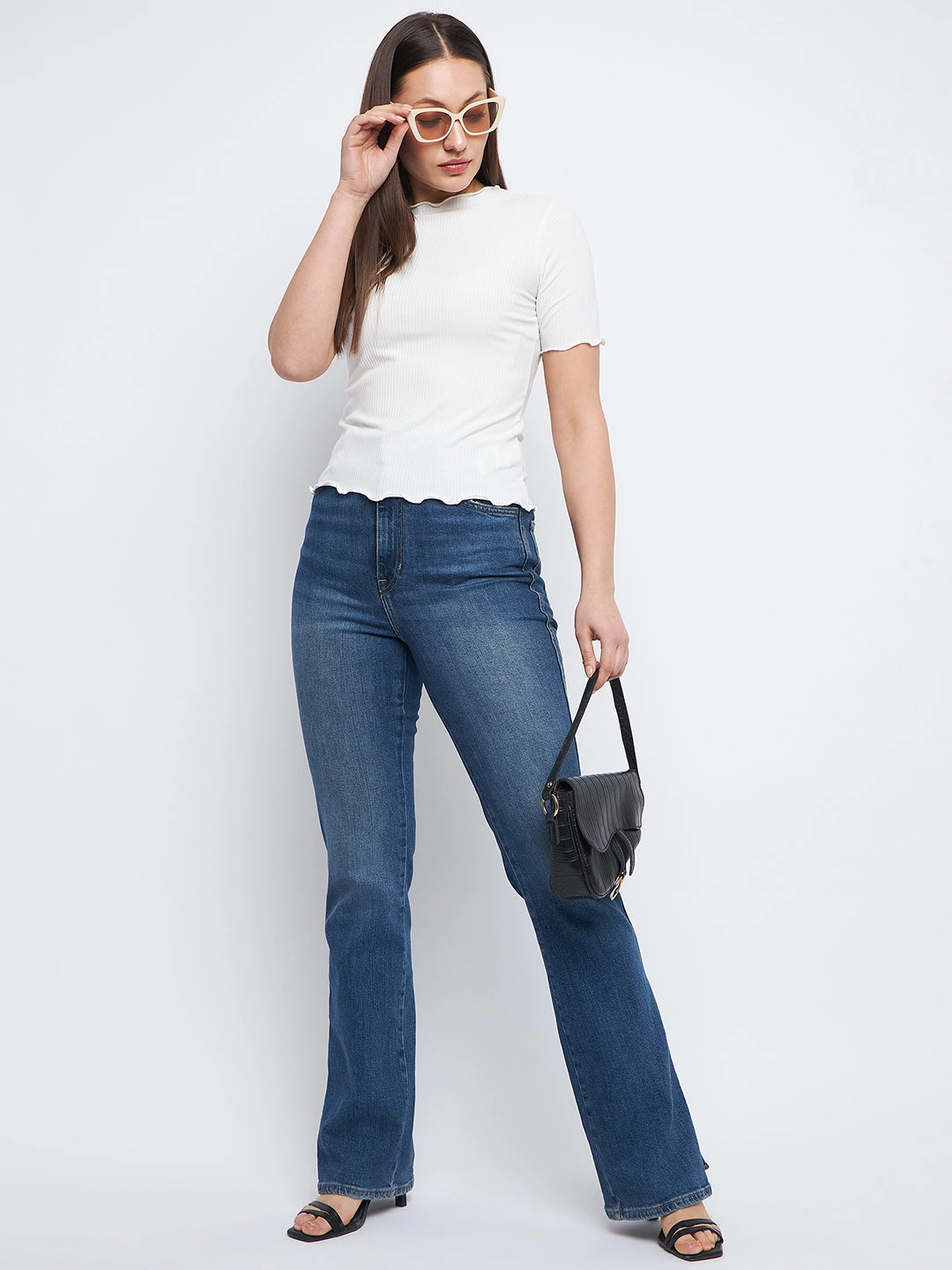 Madame Solid White Lettuce Hem Top Textured Weave Pattern Reinforced Shoulder Panels