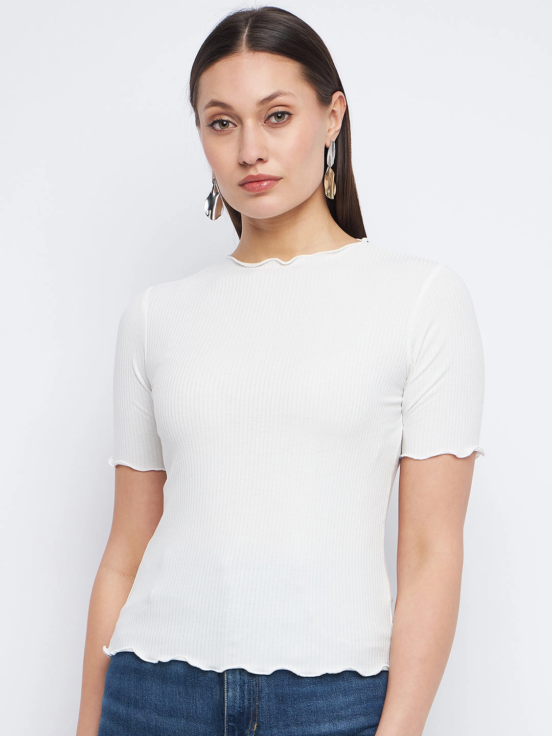 ConvertibleSleeves Madame Solid White Lettuce Hem Top