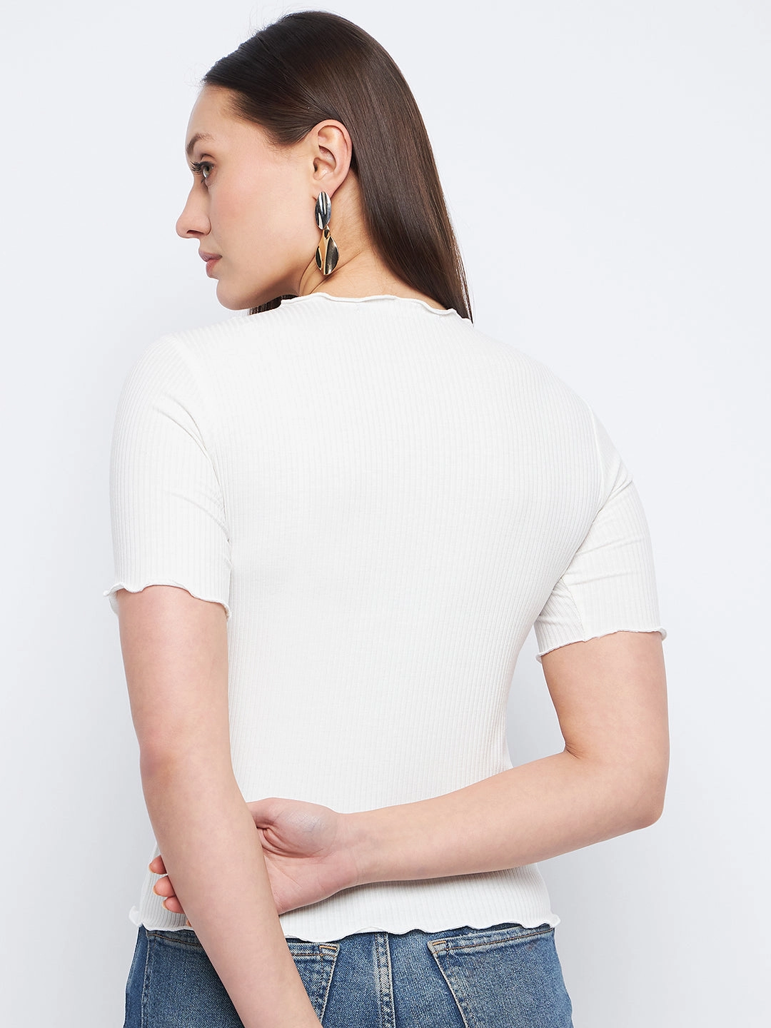 Madame Solid White Lettuce Hem Top TexturedSurface