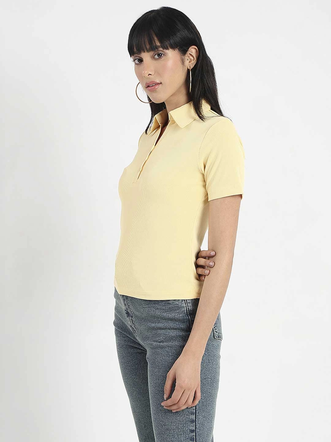 Madame Solid Yellow Polo Pique T-Shirt Sporty Flex