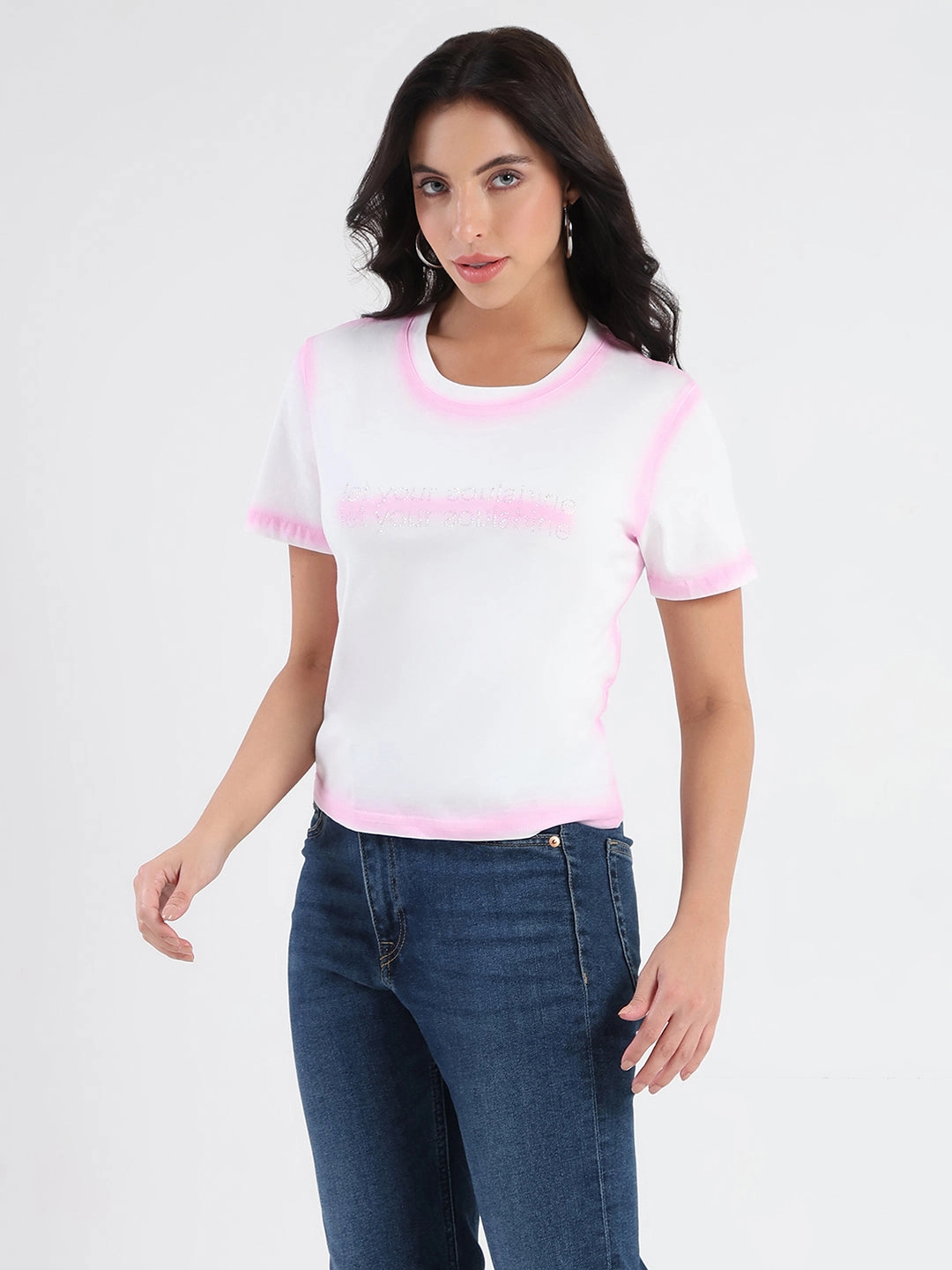 Madame Spray Painted Embellished Pink Cotton Crop T-shirt Essential Wardrobe Outdoor Comfort Style