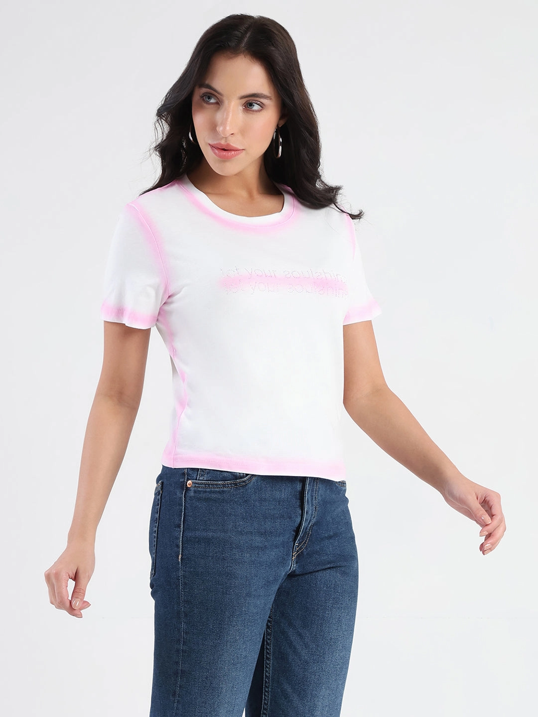 Soft and Stylish insulated Madame Spray Painted Embellished Pink Cotton Crop T-shirt