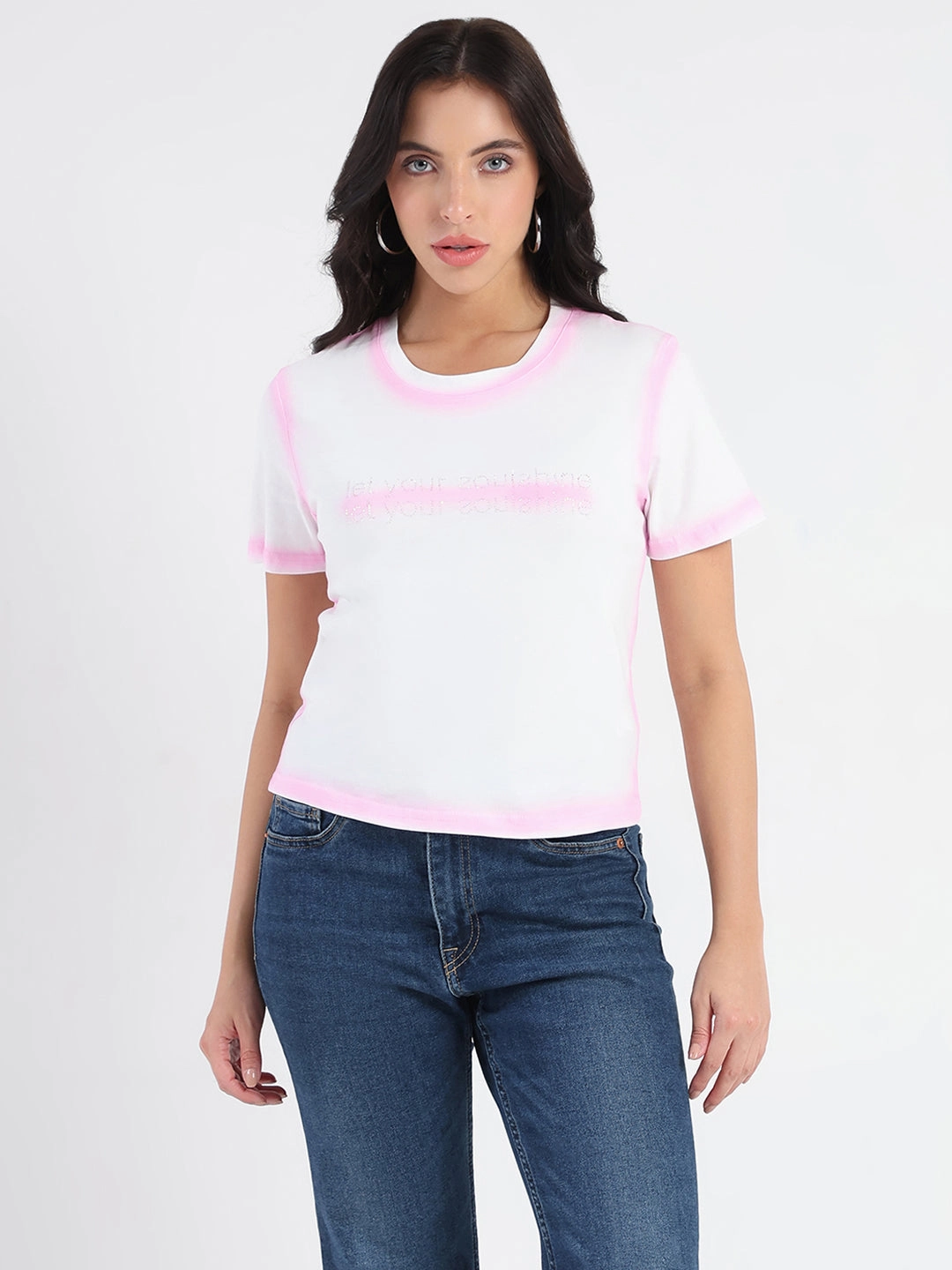 Madame Spray Painted Embellished Pink Cotton Crop T-shirt WrinkleResistant Wrinkle Free Fabric