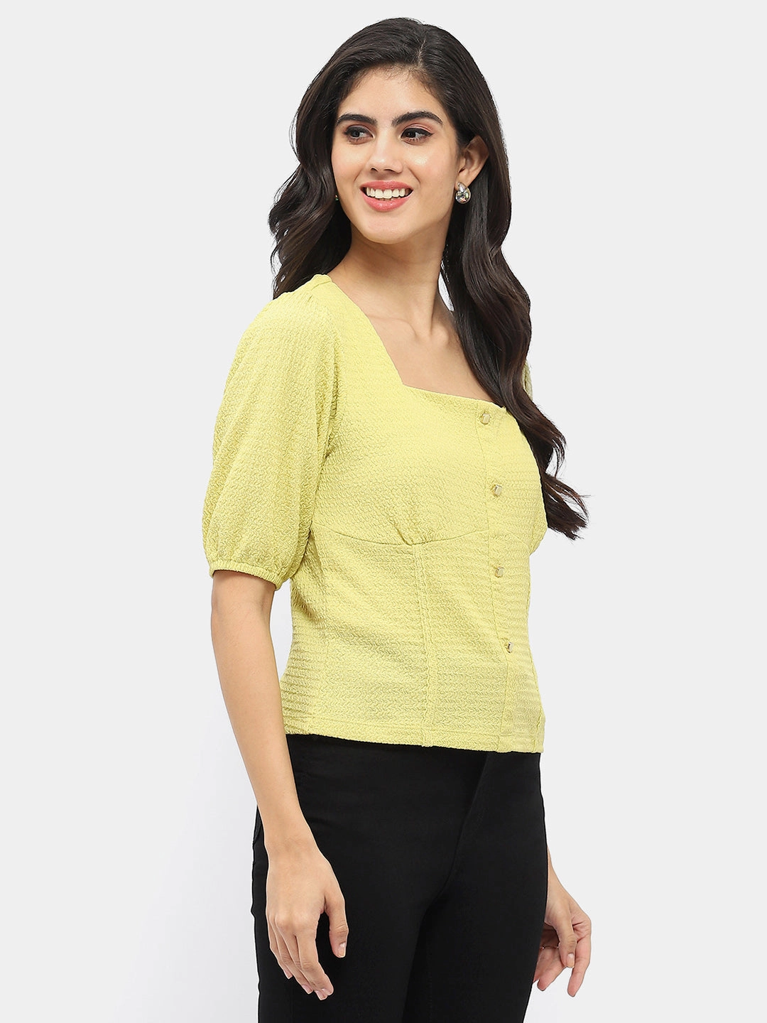 Cold Weather Structured Shoulder Madame Square Neck Lime Green Crinkled Top