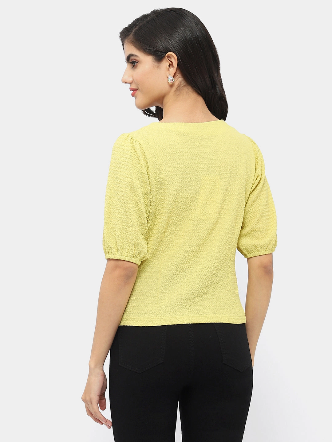 Relaxed Silhouette Madame Square Neck Lime Green Crinkled Top