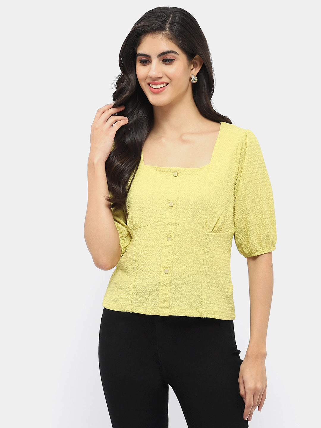Madame Square Neck Lime Green Crinkled Top High Neckline All Season Wear Fabric